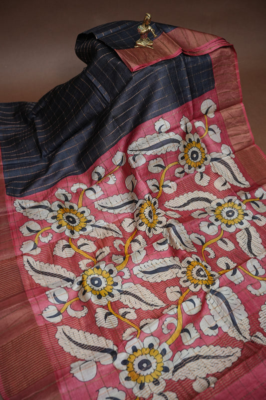 Premium Hand-Painted Tussar Silk Saree – Rich Dark Grey with Floral Kalamkari Pallu & Blouse
