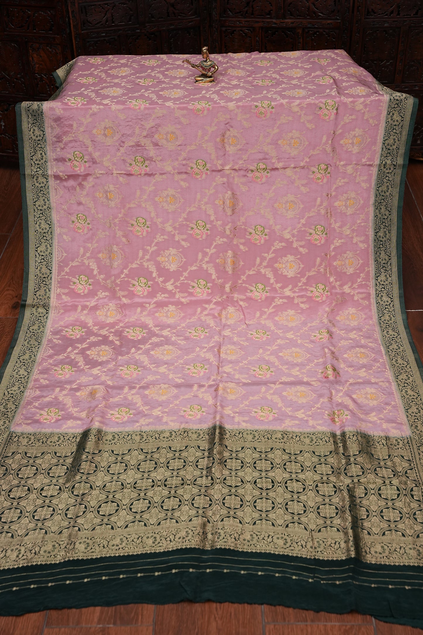 Banarasi Munga Silk Saree - Baby Pink & Bottle Green