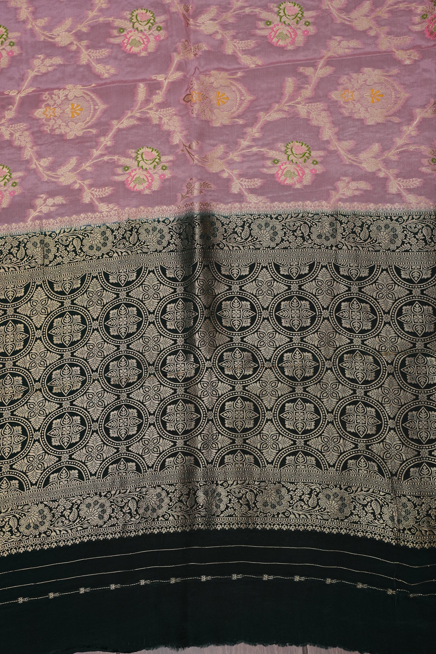 Banarasi Munga Silk Saree - Baby Pink & Bottle Green