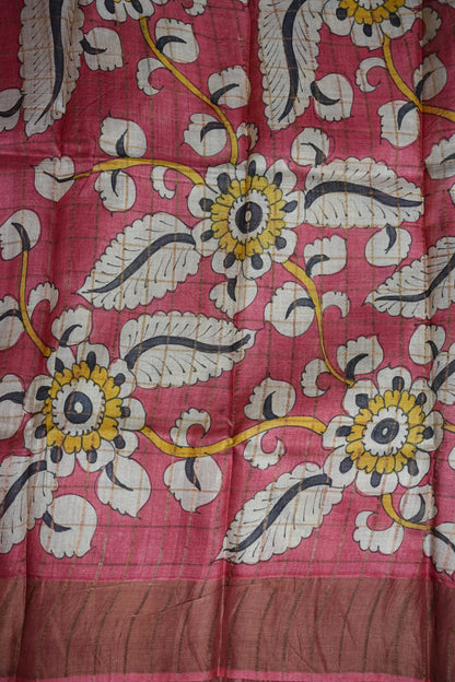 Premium Hand-Painted Tussar Silk Saree – Rich Dark Grey with Floral Kalamkari Pallu & Blouse