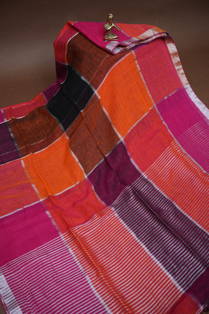 Premium Linen Silk Saree – Vibrant Colour Block Checks with Silver Zari Border