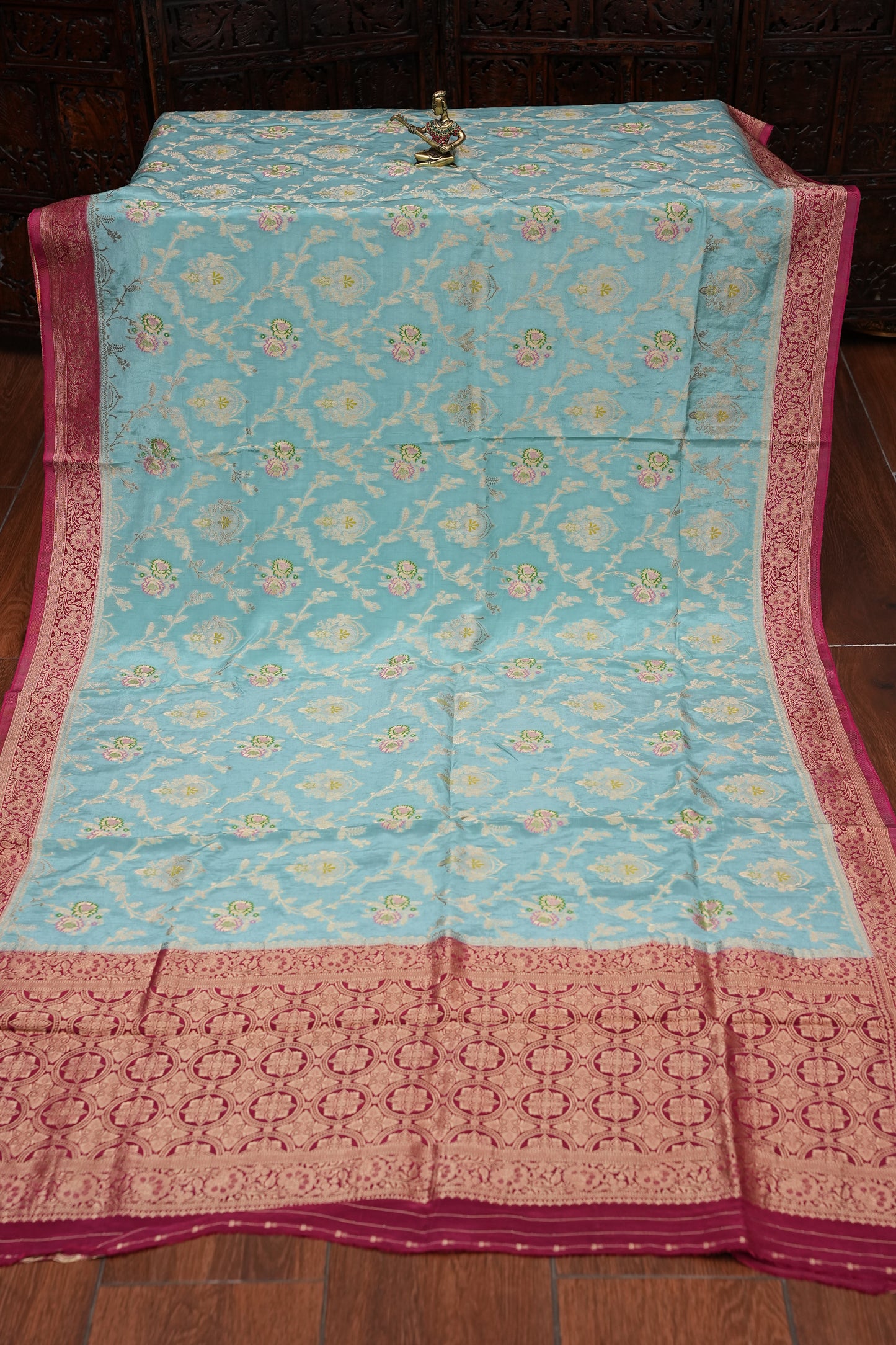 Banarasi Munga Silk Saree - Turquoise & Maroon