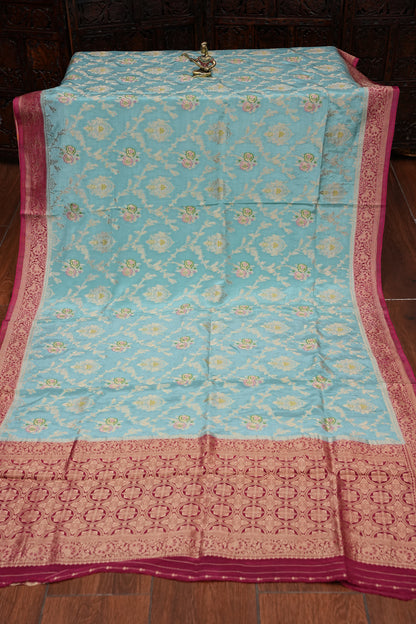 Banarasi Munga Silk Saree - Turquoise & Maroon