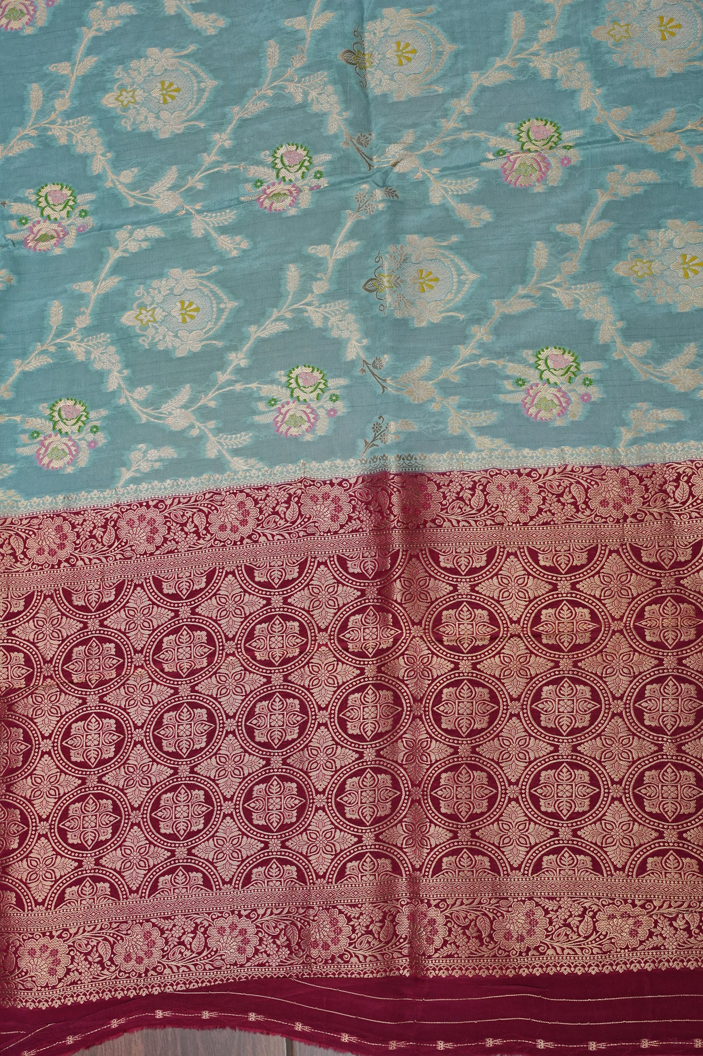 Banarasi Munga Silk Saree - Turquoise & Maroon