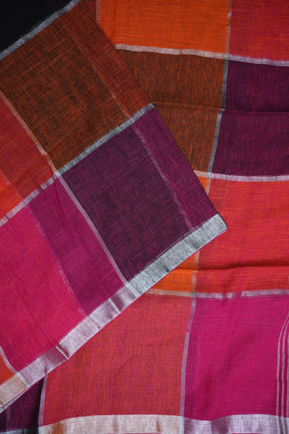 Premium Linen Silk Saree – Vibrant Colour Block Checks with Silver Zari Border