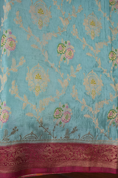 Banarasi Munga Silk Saree - Turquoise & Maroon
