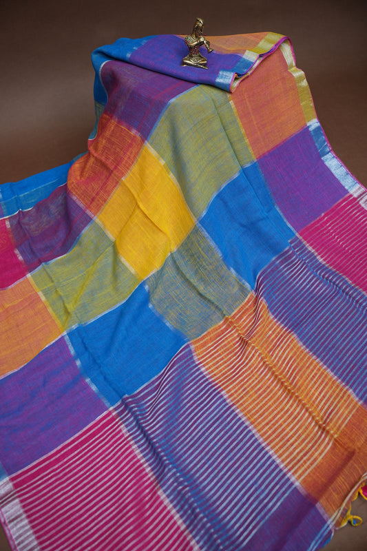 Multicolour Checked Linen Cotton Saree with Silver Zari Border