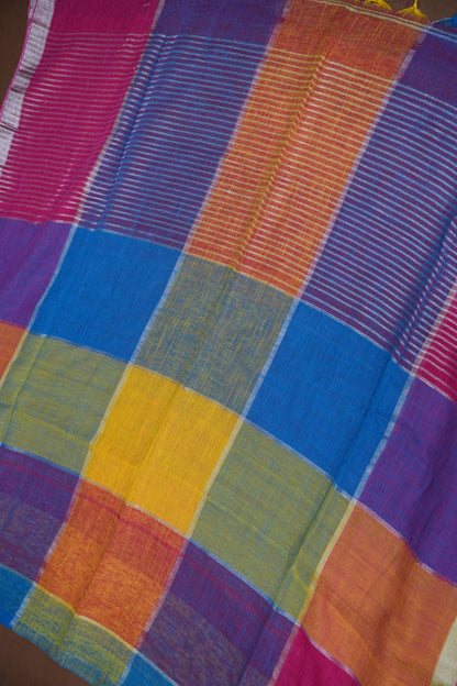 Multicolour Checked Linen Cotton Saree with Silver Zari Border