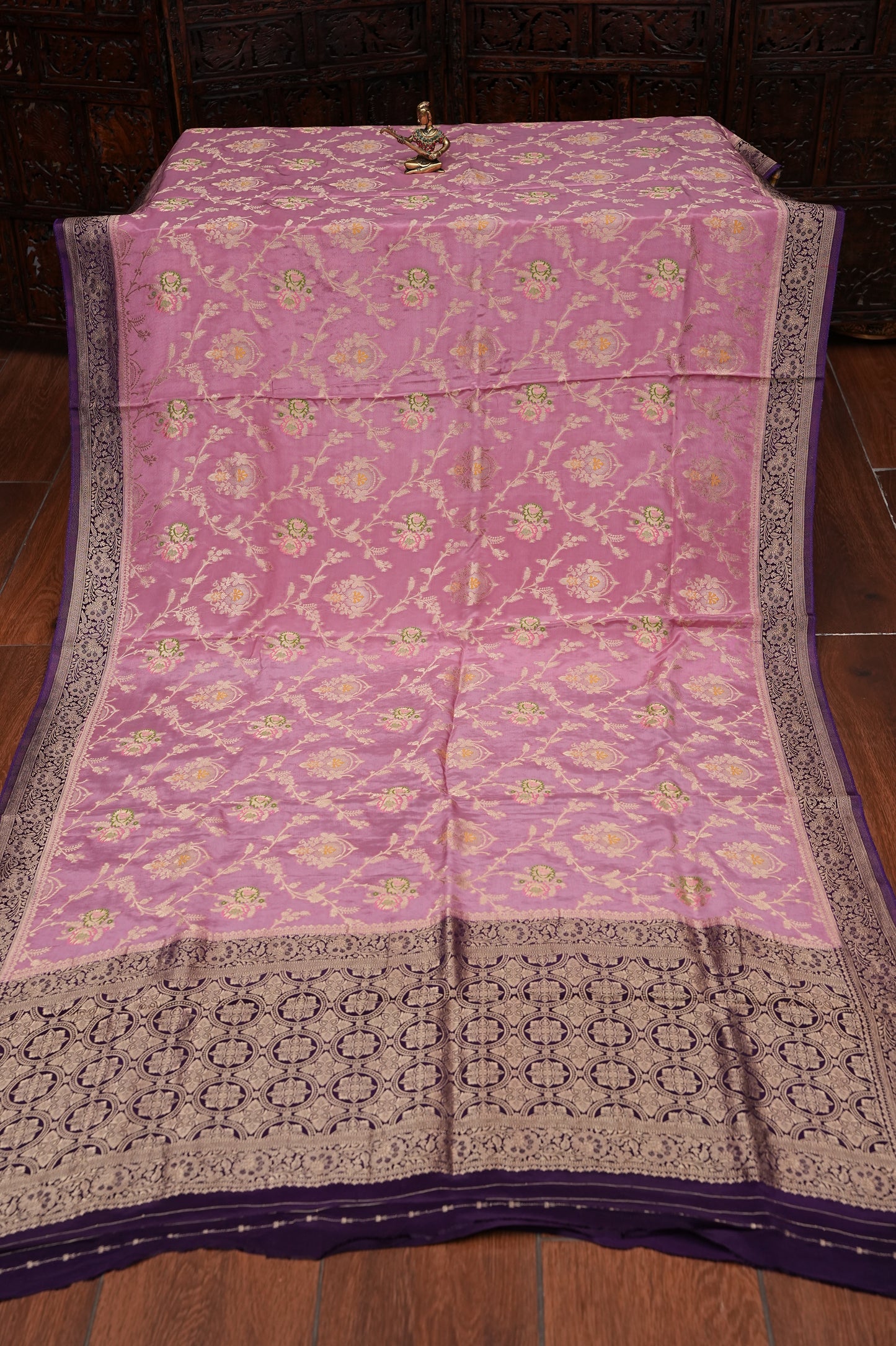 Banarasi Munga Silk Saree - Rose Pink & Deep Purple