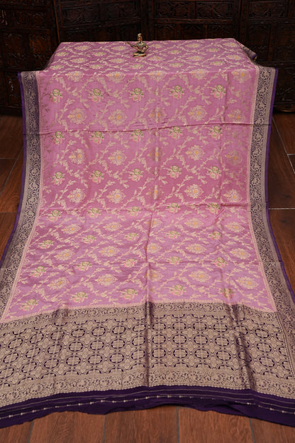 Banarasi Munga Silk Saree - Rose Pink & Deep Purple