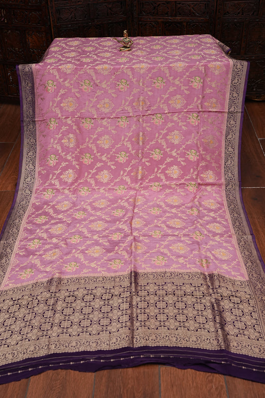 Banarasi Munga Silk Saree - Rose Pink & Deep Purple