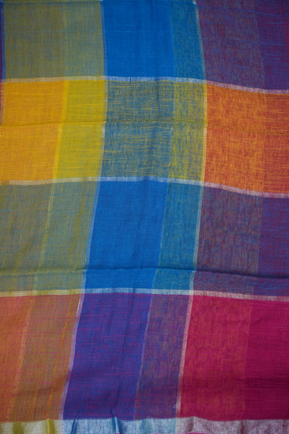 Multicolour Checked Linen Cotton Saree with Silver Zari Border