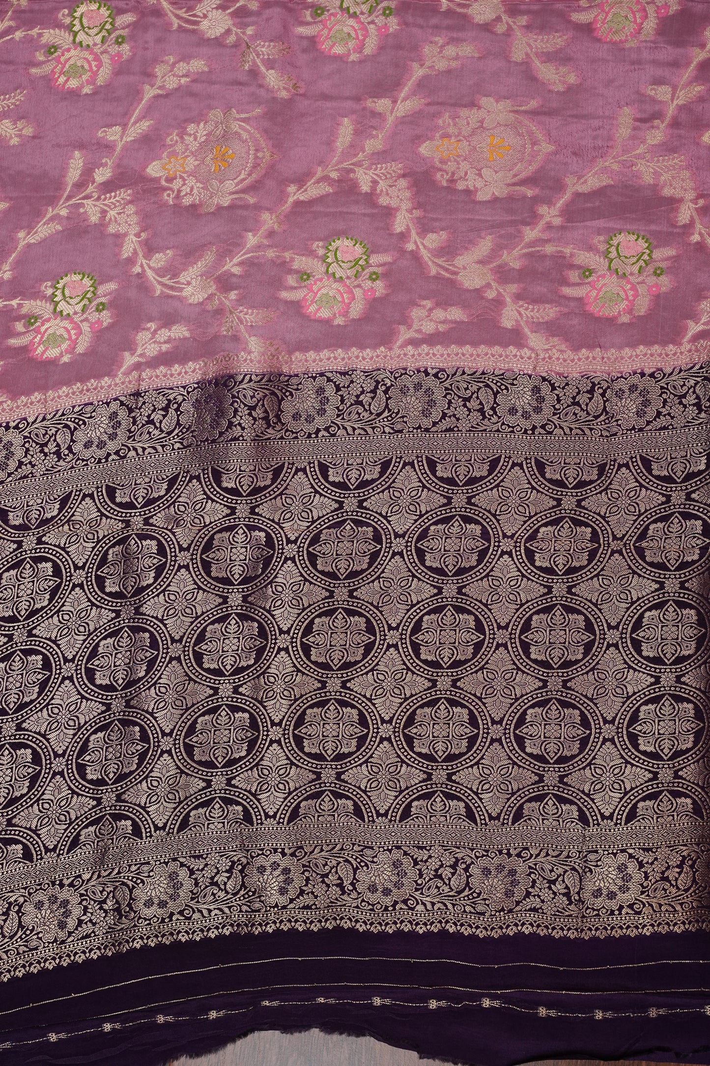 Banarasi Munga Silk Saree - Rose Pink & Deep Purple