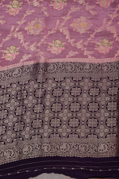 Banarasi Munga Silk Saree - Rose Pink & Deep Purple