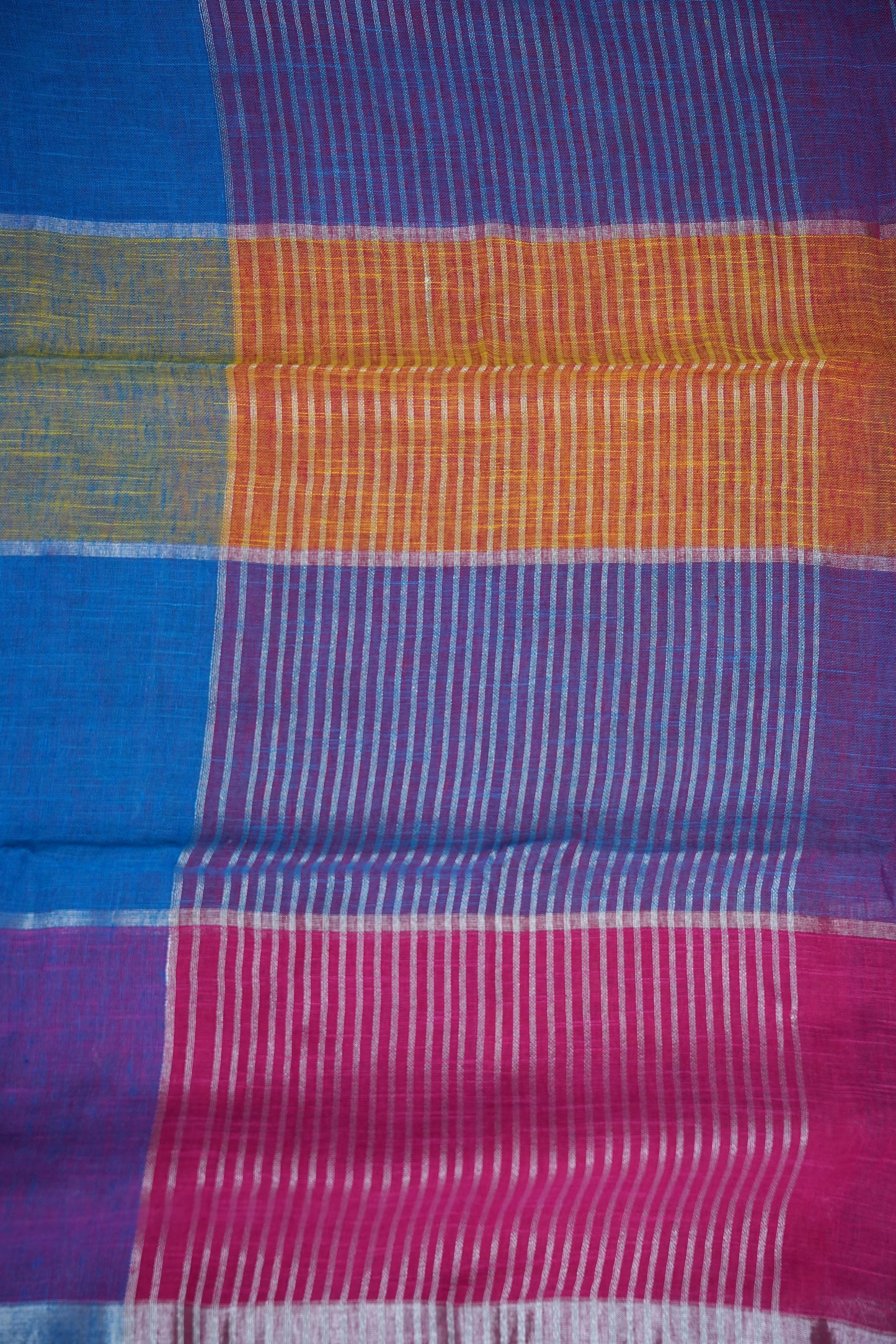 Multicolour Checked Linen Cotton Saree with Silver Zari Border