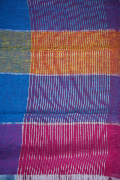 Multicolour Checked Linen Cotton Saree with Silver Zari Border