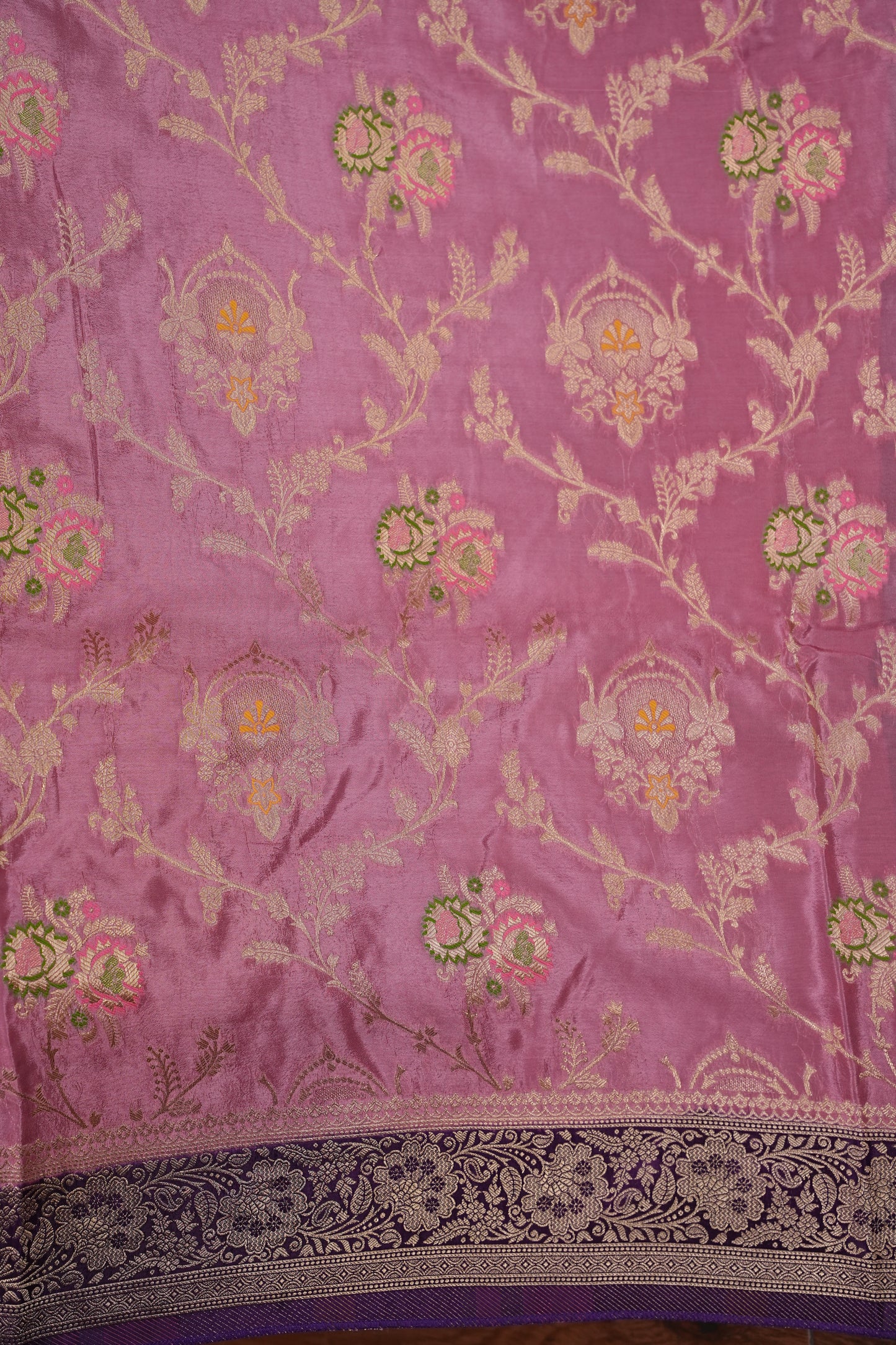 Banarasi Munga Silk Saree - Rose Pink & Deep Purple
