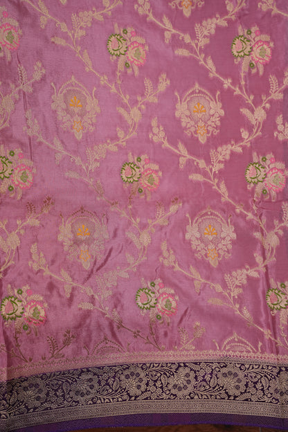 Banarasi Munga Silk Saree - Rose Pink & Deep Purple
