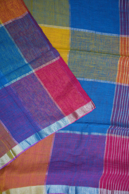 Multicolour Checked Linen Cotton Saree with Silver Zari Border