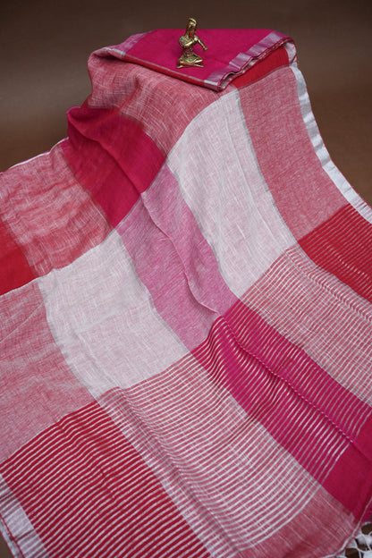 Pink & White Linen Cotton Checked Saree with Silver Zari Border