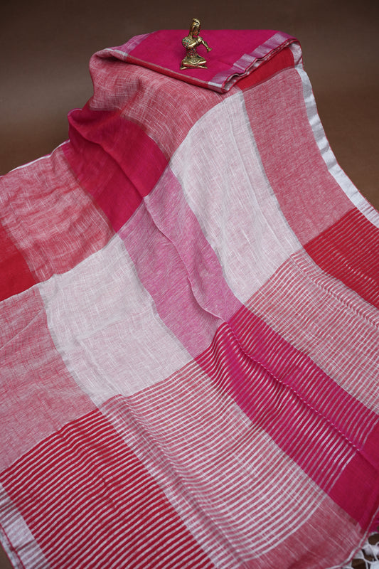 Pink & White Linen Cotton Checked Saree with Silver Zari Border