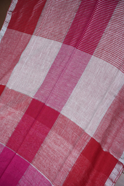 Pink & White Linen Cotton Checked Saree with Silver Zari Border
