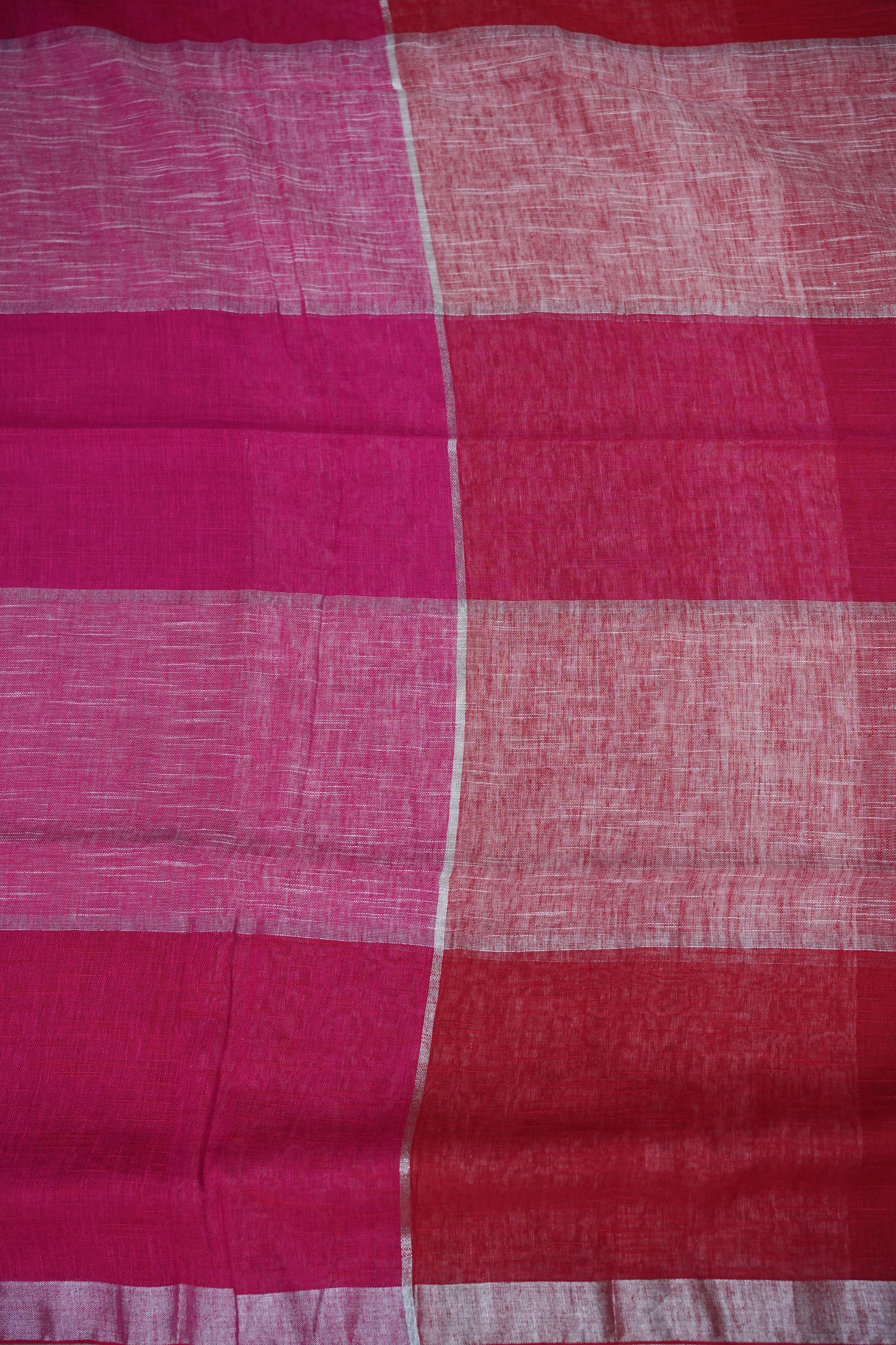 Pink & White Linen Cotton Checked Saree with Silver Zari Border