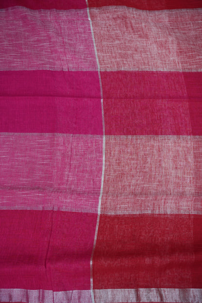 Pink & White Linen Cotton Checked Saree with Silver Zari Border