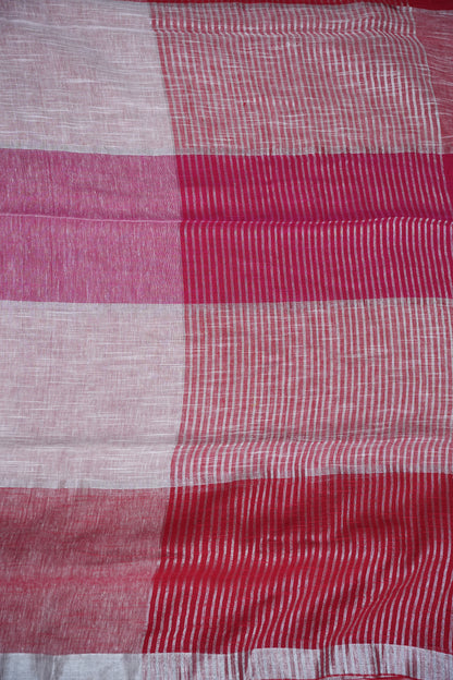 Pink & White Linen Cotton Checked Saree with Silver Zari Border