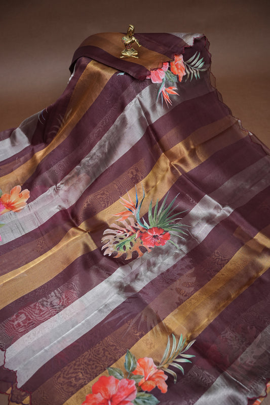 Pure Tissue Organza Silk Saree with Digital Floral Print-Wine Brown, Antique Gold & Silver