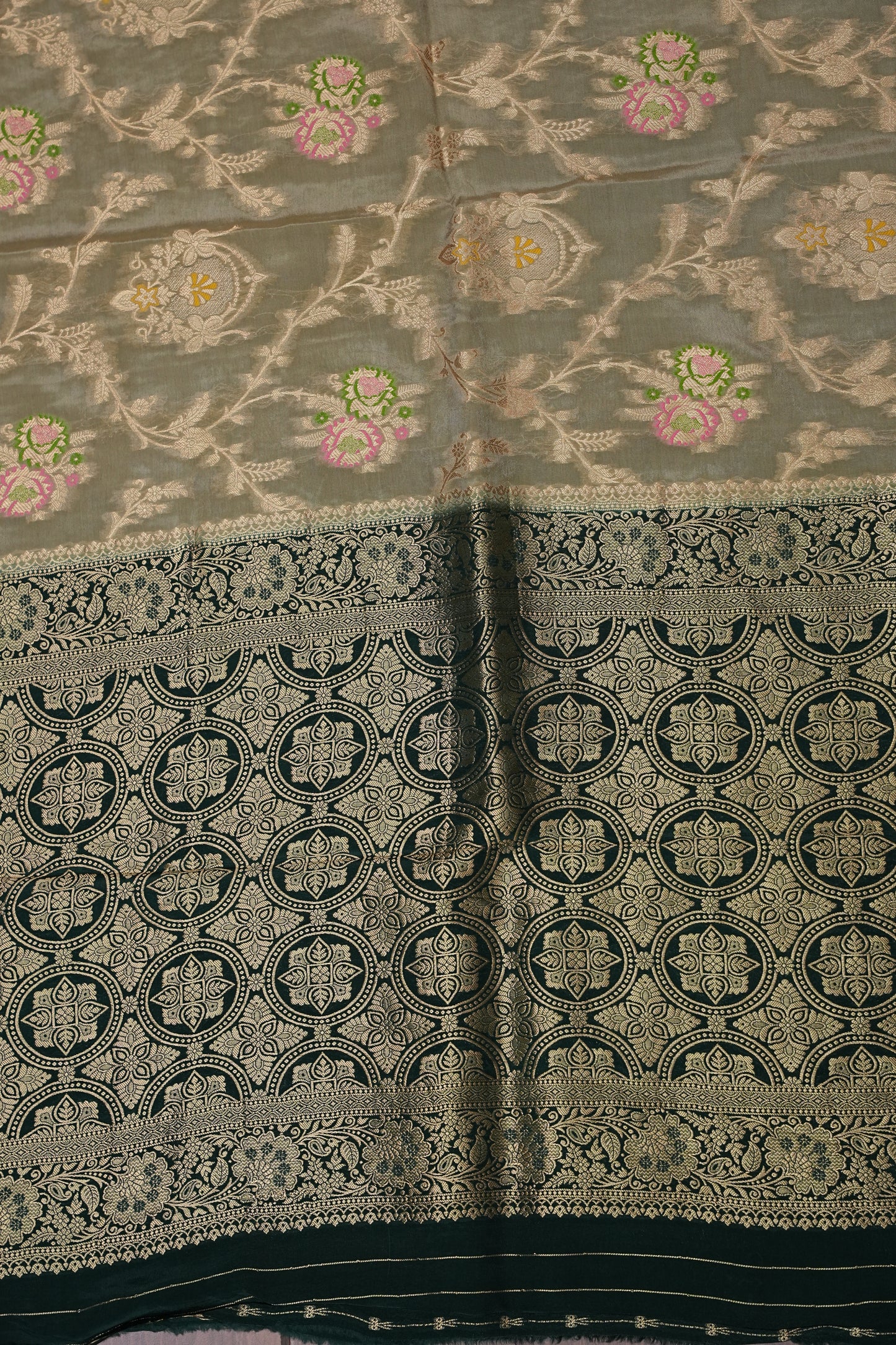 Banarasi Munga Silk Saree - Champagne Gold & Emerald green