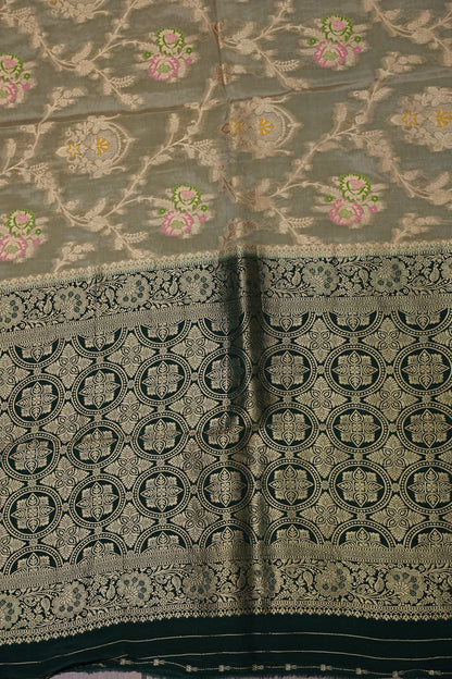 Banarasi Munga Silk Saree - Champagne Gold & Emerald green