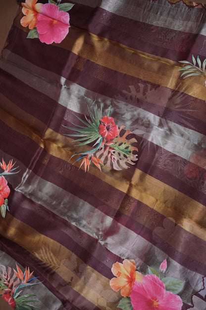 Pure Tissue Organza Silk Saree with Digital Floral Print-Wine Brown, Antique Gold & Silver