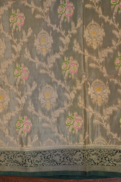 Banarasi Munga Silk Saree - Champagne Gold & Emerald green