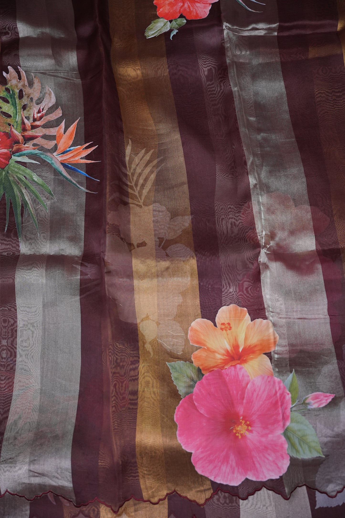 Pure Tissue Organza Silk Saree with Digital Floral Print-Wine Brown, Antique Gold & Silver