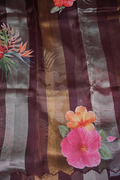 Pure Tissue Organza Silk Saree with Digital Floral Print-Wine Brown, Antique Gold & Silver