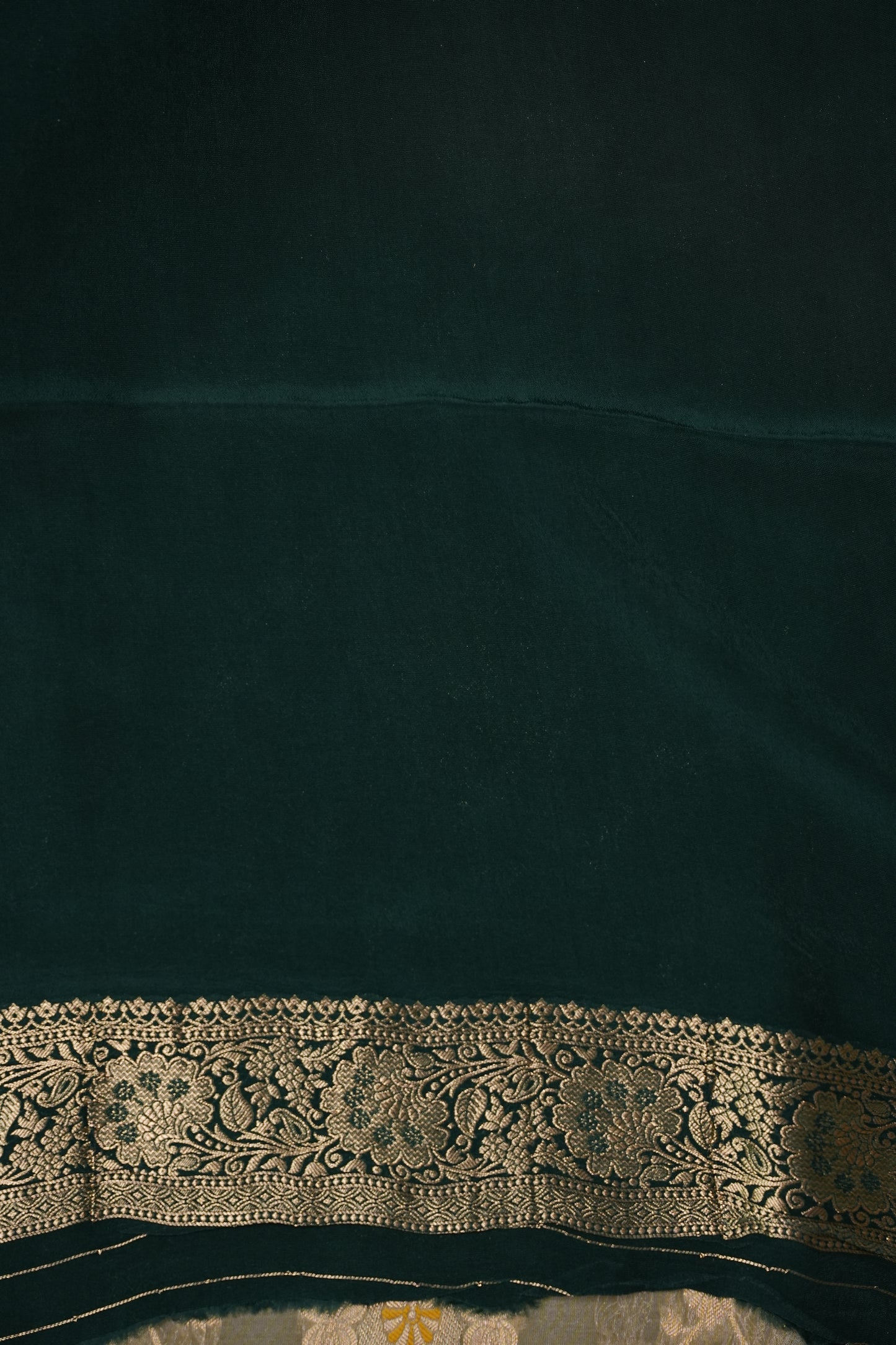 Banarasi Munga Silk Saree - Champagne Gold & Emerald green