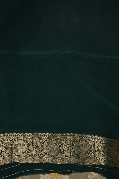 Banarasi Munga Silk Saree - Champagne Gold & Emerald green