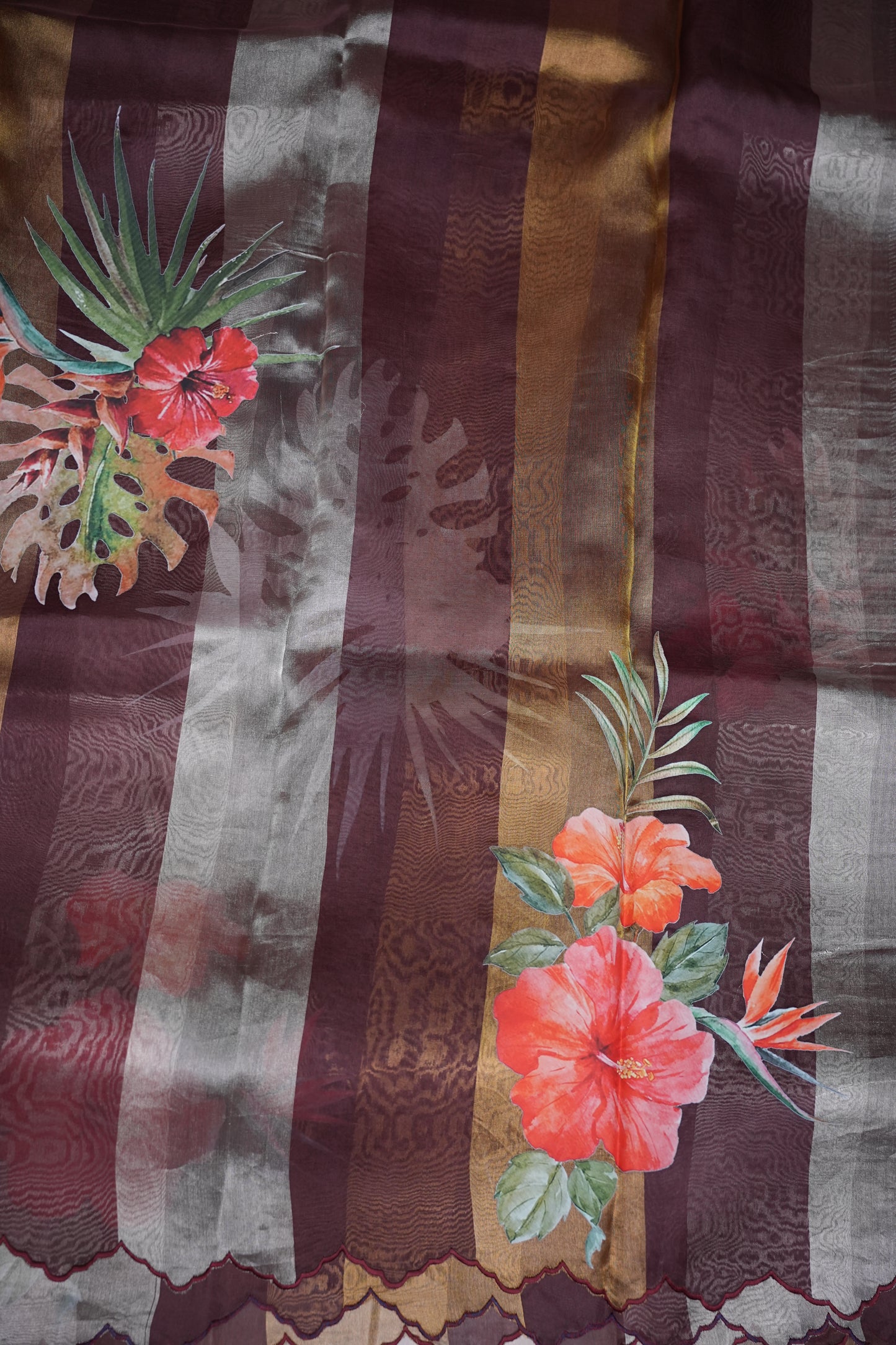 Pure Tissue Organza Silk Saree with Digital Floral Print-Wine Brown, Antique Gold & Silver