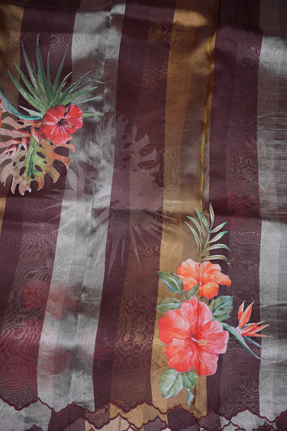 Pure Tissue Organza Silk Saree with Digital Floral Print-Wine Brown, Antique Gold & Silver