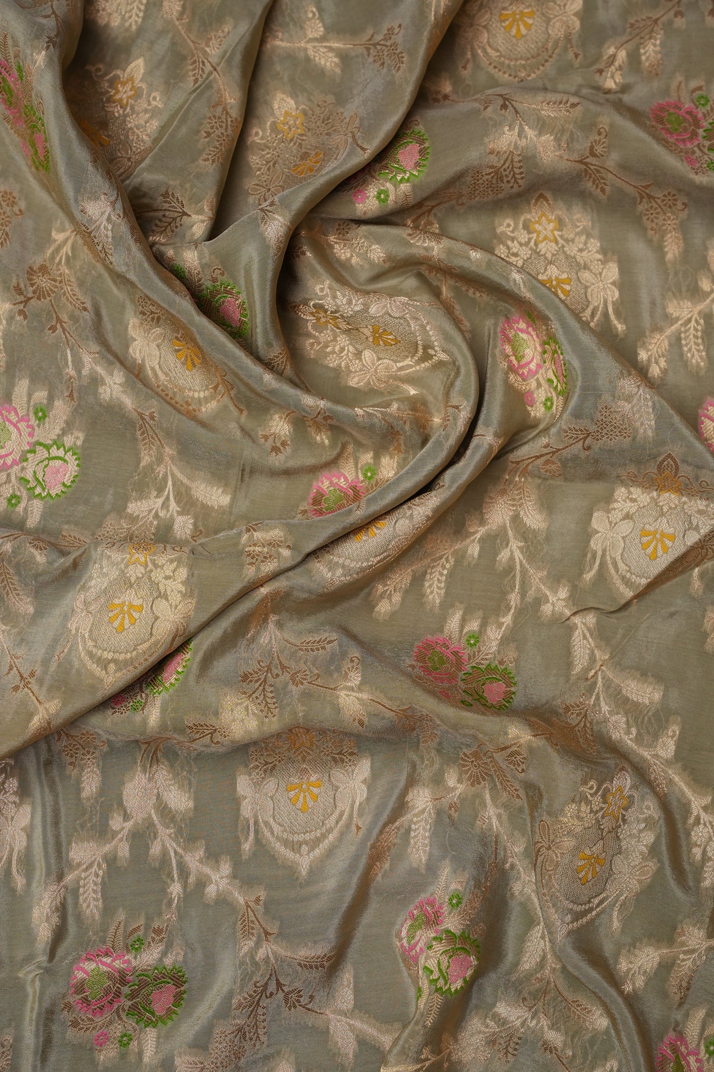 Banarasi Munga Silk Saree - Champagne Gold & Emerald green