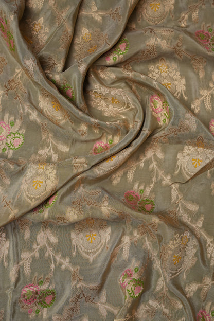 Banarasi Munga Silk Saree - Champagne Gold & Emerald green