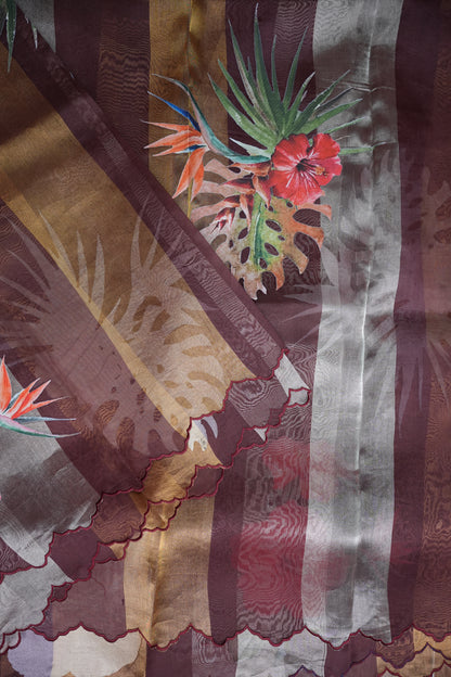 Pure Tissue Organza Silk Saree with Digital Floral Print-Wine Brown, Antique Gold & Silver