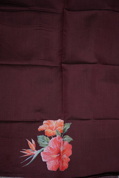 Pure Tissue Organza Silk Saree with Digital Floral Print-Wine Brown, Antique Gold & Silver