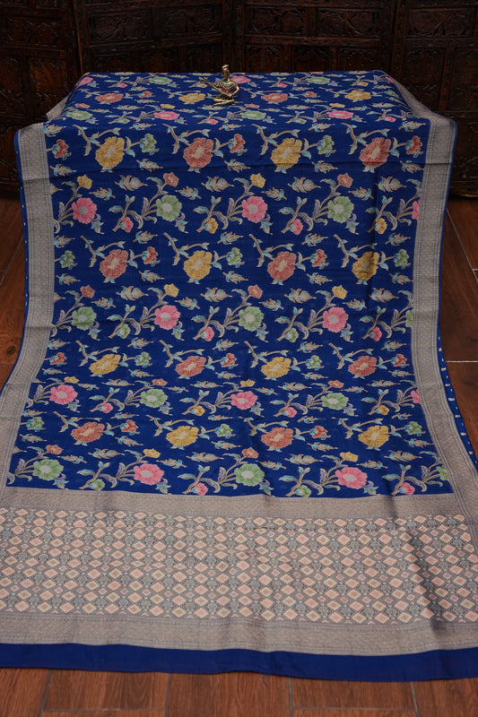 Tussar Banarasi Raw Silk Saree with Floral Paithani Weaves – Peacock Blue