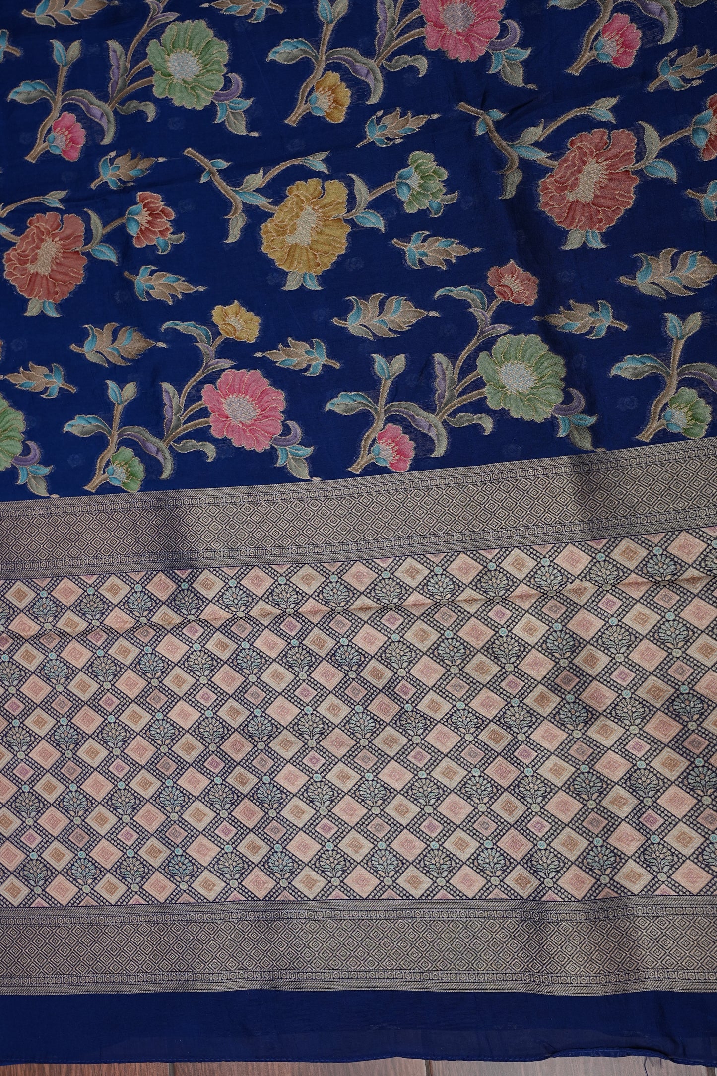 Tussar Banarasi Raw Silk Saree with Floral Paithani Weaves – Peacock Blue