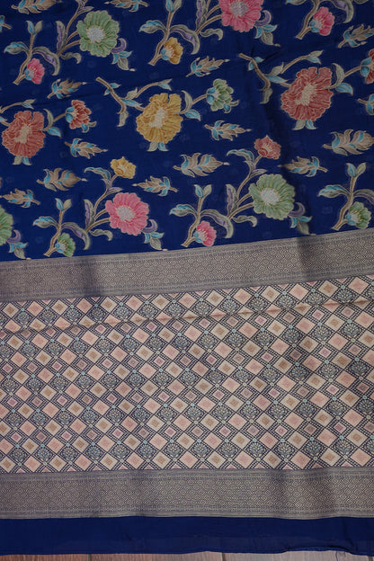 Tussar Banarasi Raw Silk Saree with Floral Paithani Weaves – Peacock Blue