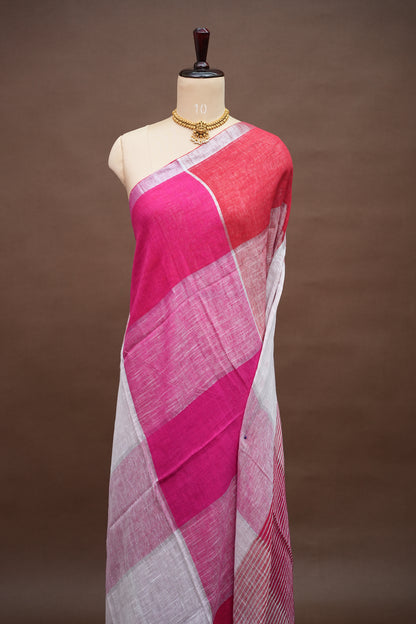 Pink & White Linen Cotton Checked Saree with Silver Zari Border