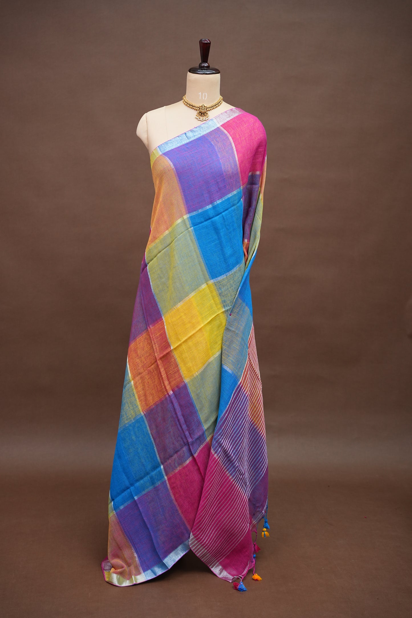 Multicolour Checked Linen Cotton Saree with Silver Zari Border