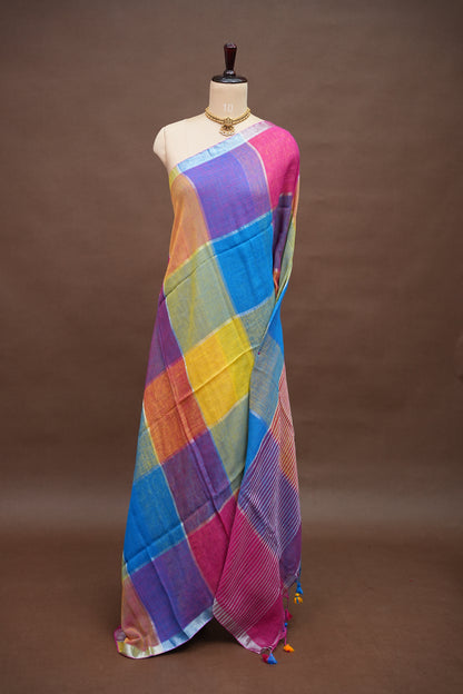Multicolour Checked Linen Cotton Saree with Silver Zari Border